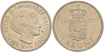 Дания 1 крона 1987 R;B, Маргрете II (1972- ) KM 862.3 медно-никель 3459-113