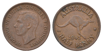 Австралия 1/2 пенни 1943 Георг VI (1936-1952), кенгуру KM 41 бронза 4671-427
