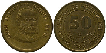 Перу 50 сентимо 1986 KM 295, Schon 96 латунь UNC 4541-347