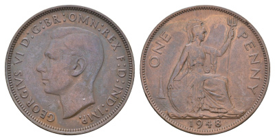 Великобритания 1 пенни 1948 Георг VI (1936-1952) KM 845, Spink 4114 бронза 4526-142