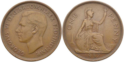 Великобритания 1 пенни 1937 Георг VI (1936-1952) КМ 845, Spink 4114 бронза 115-331