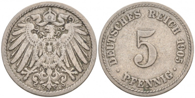 ГЕРМАНИЯ 5 ПФЕННИГОВ 1905 A, KM 11, J. 12 медно-никель 73-1758