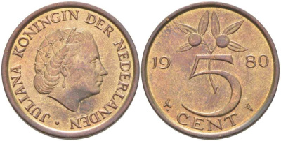 Нидерланды 5 центов 1980 Юлиана (1948-1980) KM 181 бронза 213-1155