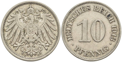 Германия 10 пфеннигов 1913 E KM 12, Jager 13, Weege 8 медно-никель 219-233