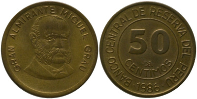 Перу 50 сентимо 1986 KM 295, Schon 96 латунь UNC 4541-347