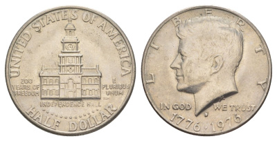 США 1/2 доллара (50 центов) 1976 D, 200 лет независимости, Джон Кеннеди KM 205 медь плакированная медно-никелем aUNC 4545-1225
