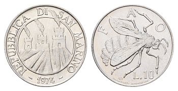 Сан-Марино 10 лир 1974 ФАО, пчела KM 33 алюминий UNC 4556-742