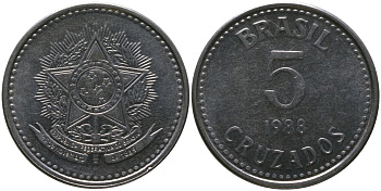 Бразилия 5 крузадо 1988 KM 606, Schon 115 нержавеющая сталь 4519-513