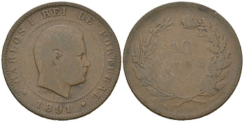 Португалия 10 реалов 1891 Карлуш I (1889-1908) KM 532 бронза 4171-1116
