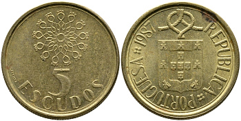 ПОРТУГАЛИЯ 5 ЭСКУДО 1987 KM 632 никель латунь 99-1167