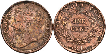 Стрейтс-Сетлментс 1 цент 1845 Виктория (1837-1901), Ост-Индская компания KM 3 медь 4590-132
