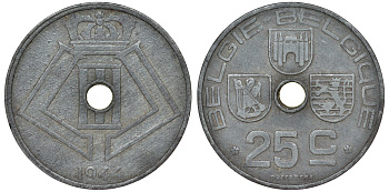 Бельгия 25 сантимов 1944 KM 132 цинк 217-722