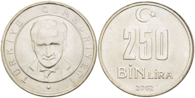 ТУРЦИЯ 250000 ЛИР 2002 KM 1137 медь никель цинк UNC 202-531