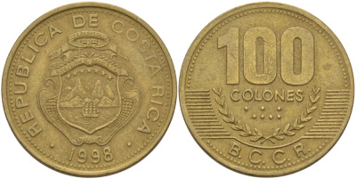 Коста-Рика 100 колон 1998 B.C.C.R. KM 230а латунь 82-235