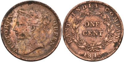 Стрейтс-Сетлментс 1 цент 1845 Виктория (1837-1901), Ост-Индская компания KM 3 медь 4590-132