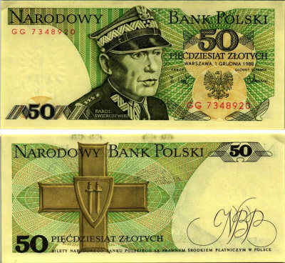 Польша 50 злотых 1988 Кароль Сверчевский, знак Грюнвальдского ордена Pick 142 c бумага аUNC 8607-72-2-2