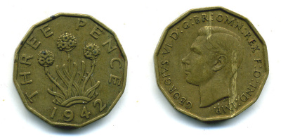 Великобритания 3 пенса 1942 Георг VI (1936-1952) KM 849, Spink 4112 никель латунь 89-725