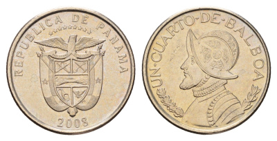 Панама 1/4 бальбоа (25 сентесимо) 2008 KM 128 медь плакированный медно-никелем UNC 3336-1143