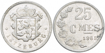 ЛЮКСЕМБУРГ 25 САНТИМОВ 1965 МОНЕТНЫЙ ТИП KM 45а.1 алюминий 3955-566