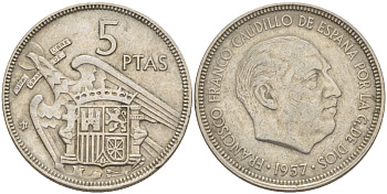 ИСПАНИЯ 5 ПЕСЕТ 1957 (61) ФРАНСИСКО ФРАНКО ДИКТАТОР ИСПАНИИ ( 1939- 1975) KM 786 медно-никель 216-631