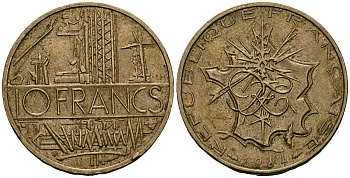 Франция 10 франков 1984 тип Матье KM 940, Le Franc 365.23-24 никель латунь 4120-515