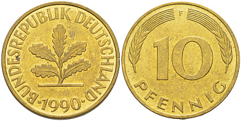 ФРГ 10 ПФЕННИГОВ 1990 F KM 108, J. 383 сталь плакированная латунью 4182-953