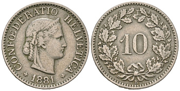 Швейцария 10 раппенов 1881 B KM 27 медно-никель 39-234