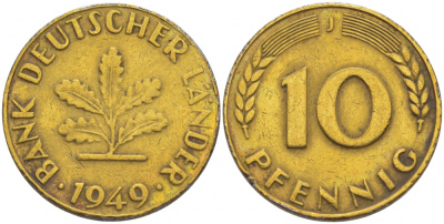 ФРГ 10 ПФЕННИГОВ 1949 J KM 103, J.378 сталь плакированная латунью 3718-731