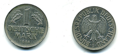 ФРГ 1 МАРКА 1968 G J.385 медно-никель 35-414