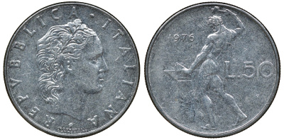 ИТАЛИЯ 50 ЛИР 1976 R, КУЗНЕЦ KM 95.1 нержавеющая сталь 72-526