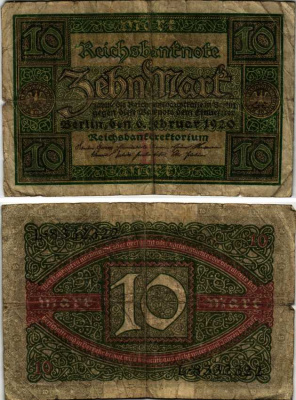 ГЕРМАНИЯ 10 МАРОК 1920 6 ФЕВРАЛЯ 1920, БУКВА E, СЕРИЯ L, СЕМЬ ЦИФР В НОМЕРЕ СЕРИИ Pick 67a, Rosenberg 63а бумага 7183-59-2-2