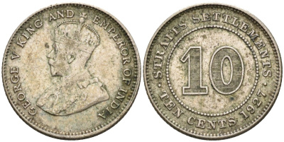 Стрейтс-Сетлментс 10 центов 1927 Георг V (1910-1936) KM 29b серебро 4594-334