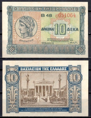 Греция 10 драхм 1940 Pick 314 бумага UNC (пресс) 6281-2-2-2