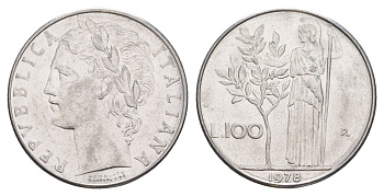 Италия 100 лир 1978 R, Афина у оливкого дерева KM 96.1 нержавеющая сталь 4529-332