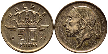 Бельгия 50 сантимов 1967 Belgie, Бодуэн I (1951-1993) KM 149.1 бронза 4392-843