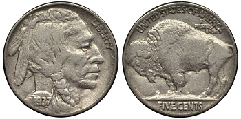 США 5 ЦЕНТОВ 1937 ИНДЕЕЦ, БИЗОН KM 134 медно-никель 27-716