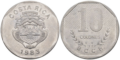 Коста-Рика 10 колон 1983 KM 215.1, Schoen 79 никель сталь 4517-111