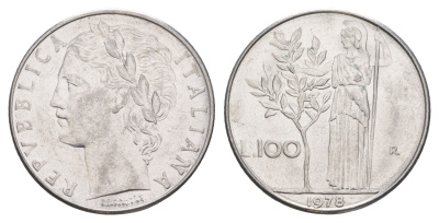 Италия 100 лир 1978 R, Афина у оливкого дерева KM 96.1 нержавеющая сталь 4529-332
