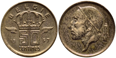 Бельгия 50 сантимов 1967 Belgie, Бодуэн I (1951-1993) KM 149.1 бронза 4392-843