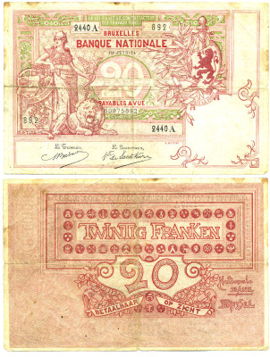 БЕЛЬГИЯ 20 ФРАНКОВ 1914 10 ИЮНЯ 1914 Pick 76 бумага 7486-33-2-2