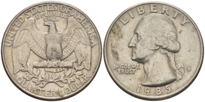 США 25 ЦЕНТОВ = КВОТЕР 1985 D, ВАШИНГТОН KM А164а медь плакированная медно-никелем 31-745