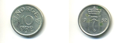 НОРВЕГИЯ 10 ЭРЕ 1952 KM 396 медно-никель 80-852
