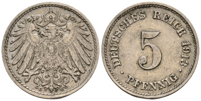 Германия 5 пфеннигов 1913 G, KM 11, J. 12 медно-никель 220-667
