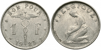 Бельгия 1 франк 1923 Belgique, Альберт I (1909-1934) KM 89 никель 51-1941