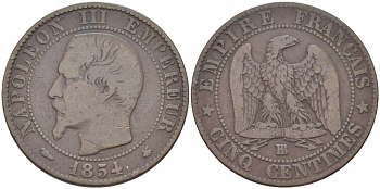 Франция 5 сантимов 1854 BB, Наполеон III (1852-1870) KM 777.3, LE FRANC 116.10 бронза 4448-1221