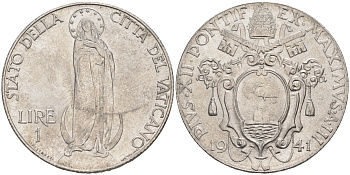 Ватикан 1 лира 1941 Пий XII, Дева Мария KM 26 a сталь UNC 63-656