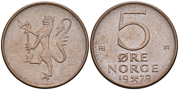 Норвегия 5 эре 1979 Улаф V (1958-1991) KM 415 бронза UNC 4582-546