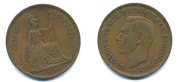 Великобритания 1 пенни 1937 Георг VI (1936-1952) KM 845, Spink 4114 бронза 89-115