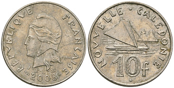 Французская Новая Каледония 10 франков 2008 рыбачья парусная лодка, (IEOM) KM 11a, Schoen 13a, Lec 99k медно-никель 60-323