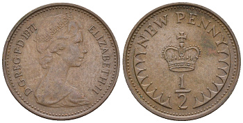 Великобритания 1/2 пенни 1971 Елизавета II (1952-2022) KM 914, Spink 4239 бронза 3309-1229